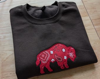 Embroidered Red Bandana Buffalo Crewneck Sweatshirt