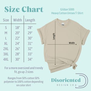 May include: Size chart for a Gildan 5000 Heavy Cotton Unisex T-Shirt. The chart shows the width and length of the shirt in inches for sizes S through 4XL. The chart also notes that for a more oversized fit, go up two sizes. The shirt is made from 50% cotton and 50% polyester, or 100% cotton depending on the colour.