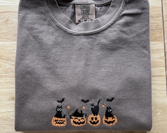 Embroidered Halloween Black Cat Shirt, Spooky Pumpkin T-shirt, Halloween Tee, Cat Lover Gift