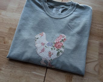Quilted Floral Chicken Embroidered Comfort Colors® T-shirt