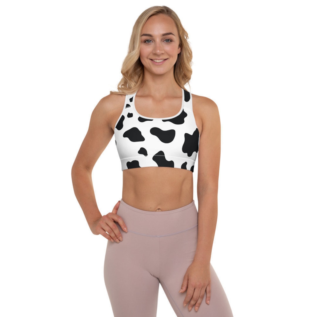 Women's Black and White Cow Print Padded Sports Bra