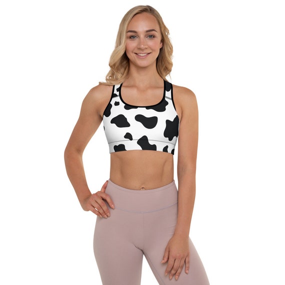 Women's Black and White Cow Print Padded Sports Bra 