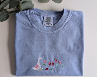 Comfort Colors Embroidered Sitting Goose Floral Shirt, Summer Shirt, Cute Goose T-shirt