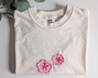 Embroidered Pink Hibiscus Comfort Colors Shirt