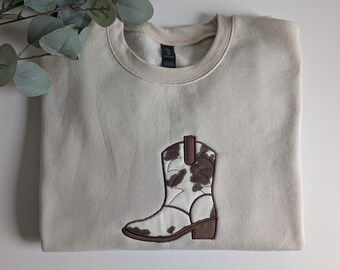 Embroidered Western Cowboy Boot Crewneck Sweatshirt, Cow Print