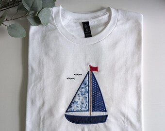 Coastal Sailboat T-shirt, Embroidered Patchwork Sailboat shirt for summer
