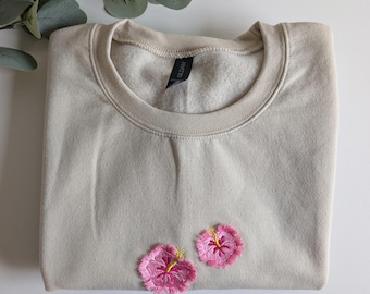 Embroidered Pink Hibiscus Crewneck Sweatshirt