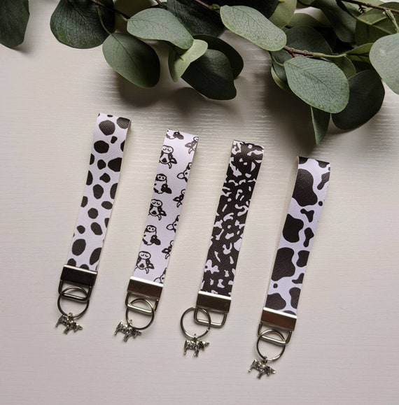 Cow Print Wristlet Keychain with Cow Charm, Faux Leather Key Fob
