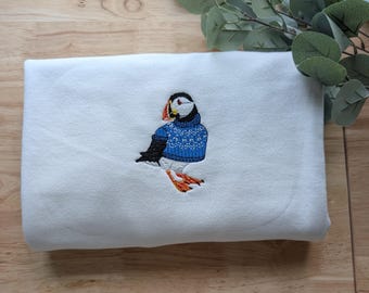 Embroidered Winter Puffin Gildan Crewneck Sweatshirt