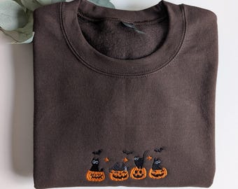 Embroidered Halloween Black Cat Sweatshirt, Spooky Pumpkin Sweater, Halloween crewneck, Cat Lover Gift, Autumn Sweatshirt