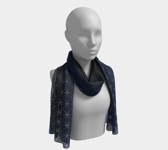 Flower of Life (Midnight) Long Scarf in Navy Blue - 2 Sizes and 4 Textures