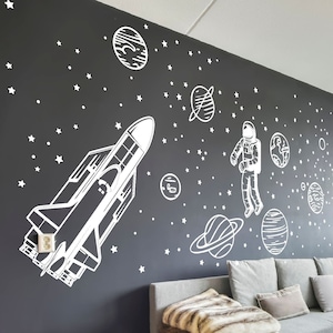 Spaceship and Astronaut  Large Wall Decal, Planets and Stars, Planets Wall Decal, Stars Wall Stickers, Kids Playroom, Wall sticker
