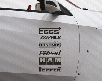 JDM Sponsor Decals, 2x 6 decals / pack, Driver and Passenger side, Grocery List, Door Stickers Eggs, Milk, Bread, Ham,  Banana, Pepper