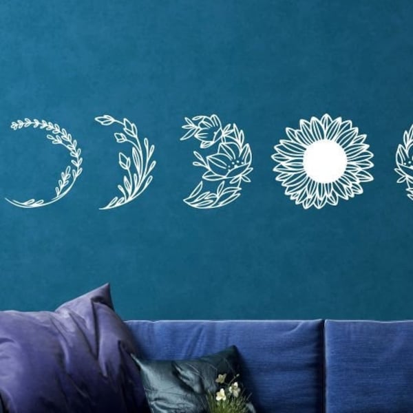 APRIL SALES! Floral Moon phases, Wall stickers, Moon Sticker, Crescent Moon, Wall Decals, Full Moon, Waxing Gibbous, New Moon.