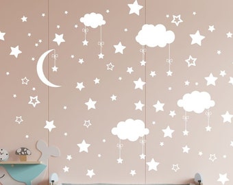 MAY SALES! Moon and Stars Decals, Clouds, Nursery wall sticker, sticker, Wall Decal, Star Sticker, Mixed size Stars