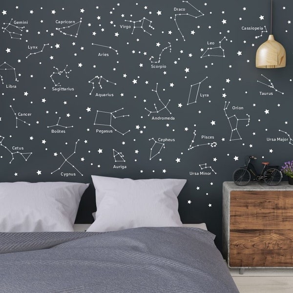 Constellation Wall Decals, 26 Constellation decals / pack, Star Decals, Nursery, Boys' Bedroom, Kids Playroom, wall sticker