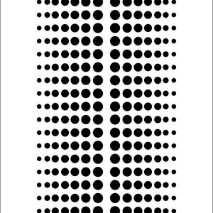 May include: A black and white abstract design featuring a vertical arrangement of black circles of varying sizes. The circles are densely packed, creating a visual gradient effect. The design is set against a clean white background.