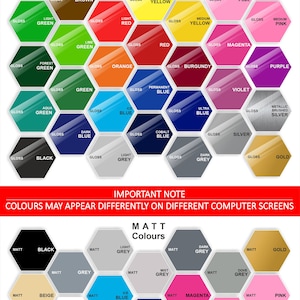 May include: A color chart showing different gloss and matte paint colors. The chart is organized in a honeycomb pattern with each color labeled with its name. The colors include black, white, red, blue, green, yellow, orange, purple, pink, silver, gold, and grey.
