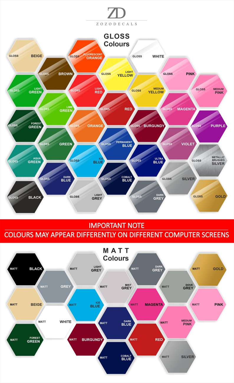 May include: A color chart showing different gloss and matte paint colors. The chart is organized in a honeycomb pattern with each color labeled with its name. The colors include black, white, red, blue, green, yellow, orange, purple, pink, silver, gold, and grey.