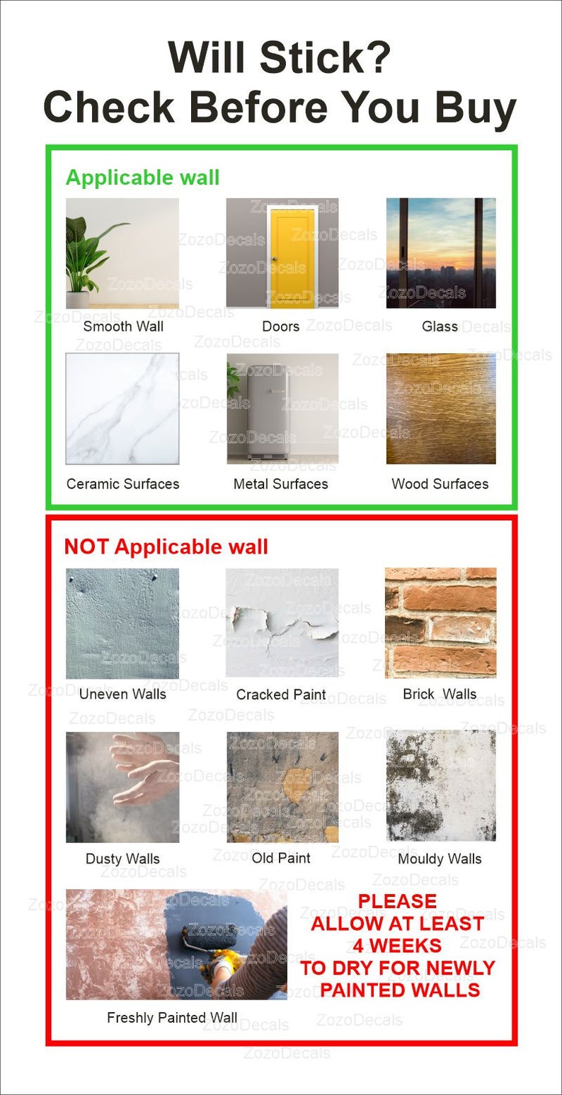 May include: A chart showing where wall decals will stick and where they will not stick. The chart shows examples of smooth walls, doors, glass, ceramic surfaces, metal surfaces, and wood surfaces. The chart also shows examples of uneven walls, cracked paint, brick walls, dusty walls, old paint, mouldy walls, and freshly painted walls. The chart includes the text "PLEASE ALLOW AT LEAST 4 WEEKS TO DRY FOR NEWLY PAINTED WALLS".