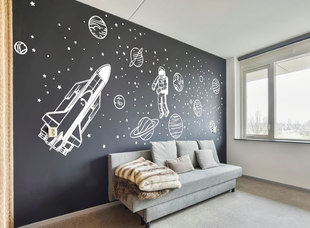 Spaceship and Astronaut Large Wall Decal, and Stars,