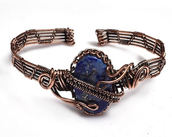 Natural Lapis Lazuli Gemstone Bangle| Oxidized Wire Wrapped| Copper Bangle| Handmade Adjustable Copper Bangle Jewelry For Women & Girls