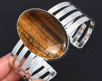 Natural Tiger's Eye Gemstone Bangle| 925 Sterling Silver| Cuff Bangle| Adjustable Bangle| Handmade Bangle Jewelry| Easter Gift