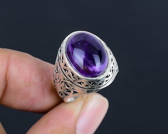 Purple Amethyst 925 Sterling Silver Oval Gemstone Ottoman Arabic Style Men's Ring
