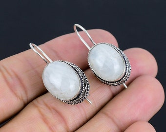 Rainbow Moonstone Gemstone Earrings 925 Sterling Silver Drop Dangle Earrings For Women & Girls