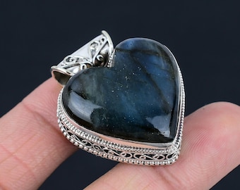 Heart Shape Blue Fire Labradorite Sterling Silver Gemstone Necklace Pendant Boho Jewelry
