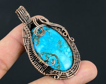 Blue Turquoise Oxidized Copper Wrapped Oval Gemstone Pendant Jewelry