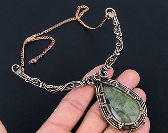 Prehnite Gemstone Copper Necklace, Ethnic Necklace, Handmade Adjustable Copper Wire Chain Necklace Jewelry, Valentine's Day Gift For Love