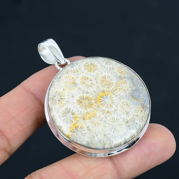 Natural Fossil Coral Gemstone Pendant, 925 Sterling Silver, Pendant Jewelry, Handmade Silver Pendant Jewelry for Gift, Easter Gift