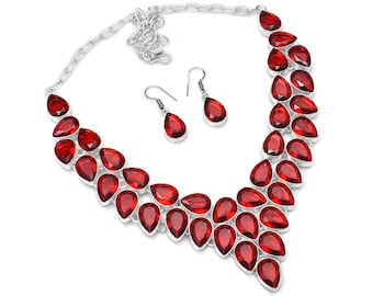 Conjunto de collar de plata con piedras preciosas de granate de Mozambique, hermoso natural, collar grande + conjunto de joyas con aretes para mujeres y niñas, 79 gms libra-003