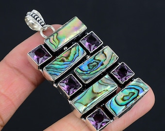 Abalone Shell & Amethyst Pendant: 925 Sterling Silver Jewelry