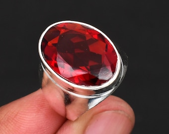 Oval-shaped Faceted Red Garnet 925 Sterling Silver Gemstone Men's Ring | Birthstone Jewelry for Him