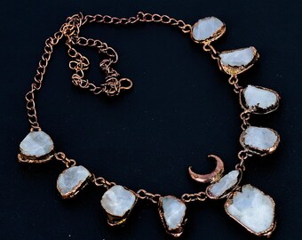 Rainbow Moonstone Rough Electroformed Copper Adjustable Necklace, Aesthetic Jewelry For Her