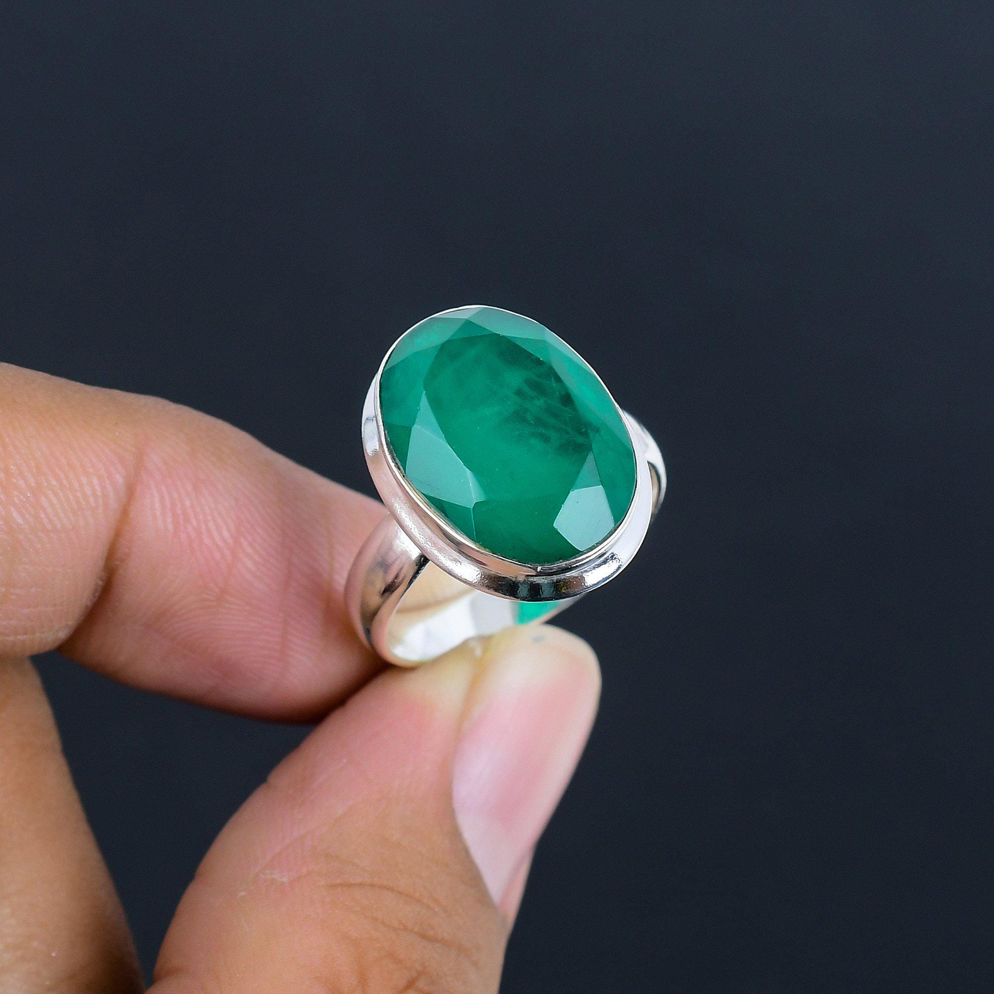 Faceted Green Emerald Gemstone Ring | 925 Sterling Sliver
