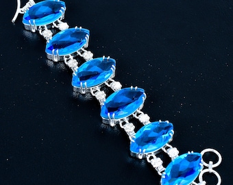 Faceted Blue Topaz 925 Sterling Silver Prong-set Link Bracelet | Marquise Shape Gemstone Jewelry