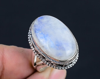 Bague pierre de lune arc-en-ciel | Argent sterling 925 | Bague à tige fendue | Bijoux fantaisie |  Cadeau bague en argent pour femme et fille