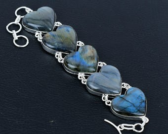 Heart Shape Blue Fire Labradorite 925 Sterling Silver Gemstone Bracelet Jewelry For Her/him