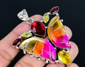 Multi-colored Bi-color Tourmaline Wing Carvings Garnet & Citrine Sterling Silver Butterfly Pendant Jewelry