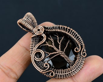Smoky Quartz Tree of Life Pendant: Oxidized Copper Wire Wrapped Necklace