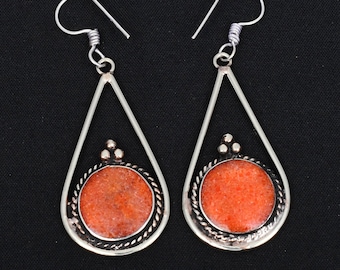 Tibetan Coral Gemstone Earrings: Sterling Silver Dangle Jewelry