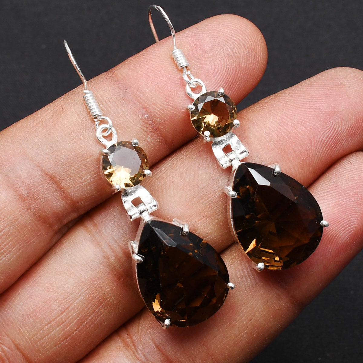 Orecchini placcati in oro al quarzo fumé con taglio a cuscino - Argento Sterling 925 Placcato Oro - Gioielli Eleganti da 2,5 cm - Design Raffinato Donna