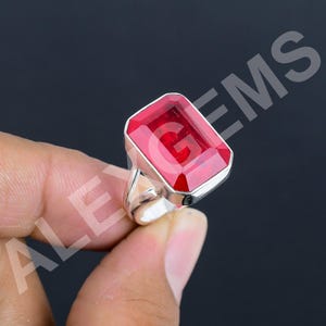 Faceted Pink Ruby Sterling Silver Ring: Square Gemstone, Split Shank