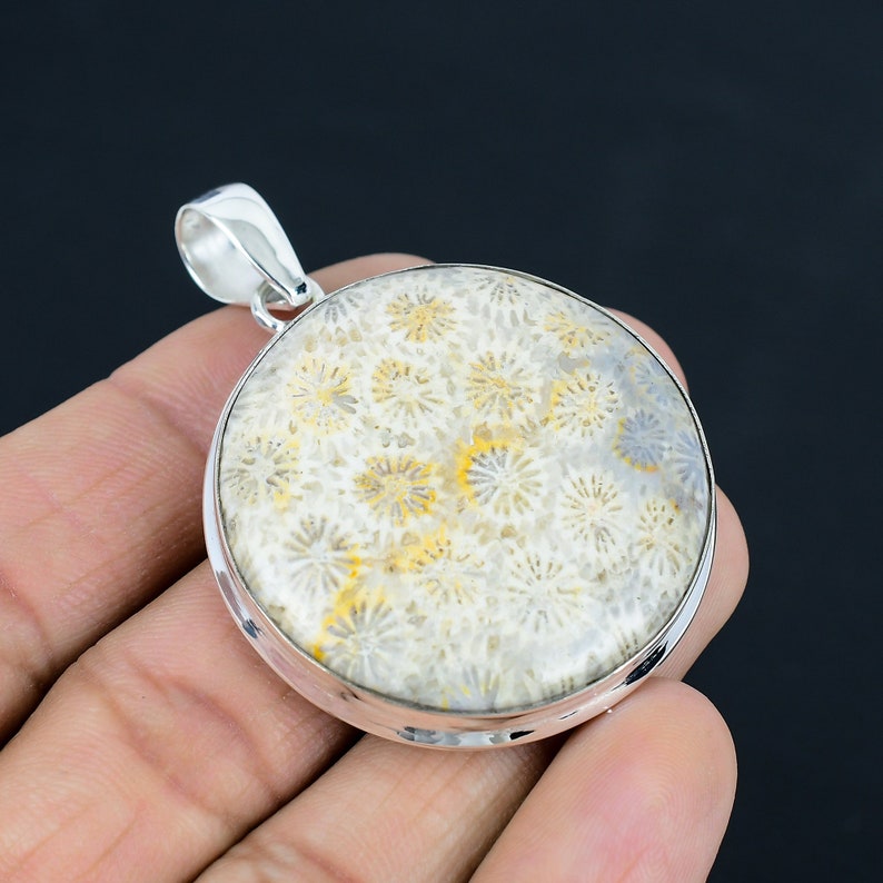 Natural Fossil Coral Gemstone Pendant, 925 Sterling Silver, Pendant Jewelry, Handmade Silver Pendant Jewelry for Gift, Easter Gift image 2