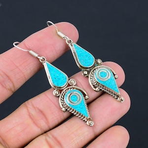 Handmade Tibetan Turquoise Drop Earrings: Dangle Jewelry Gift