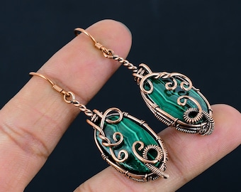 Malachite Gemstone Copper Wire Wrapped Dangle Earrings