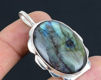 Natural Labradorite Gemstone Pendant | 925 Sterling Silver | Silver Jewelry | Oval Shape | Handmade Silver Pendant Jewelry Gift for her/him